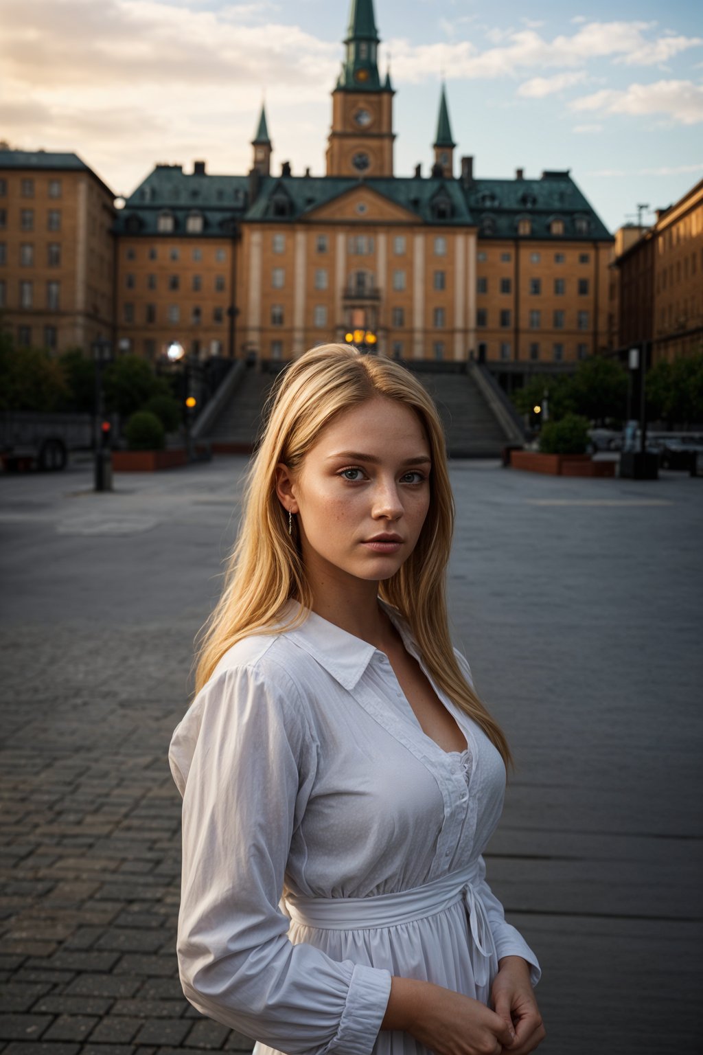 traditional  woman in Stockholm wearing a Swedish folkdräkt, Stockholm Palace in the background