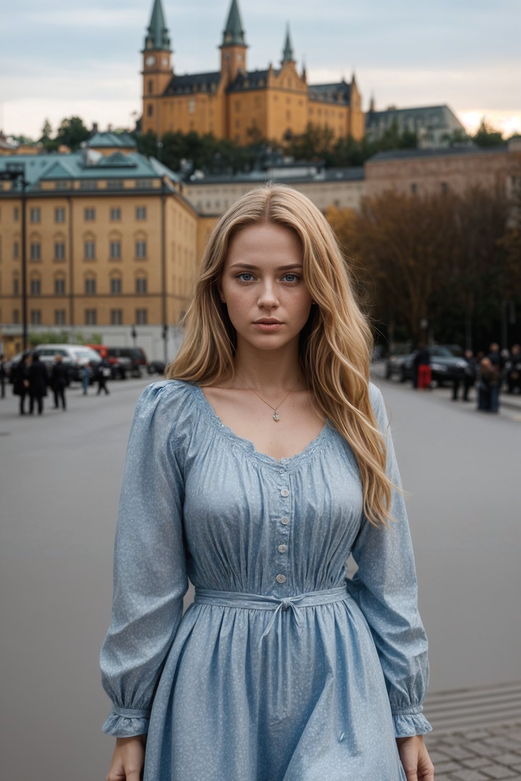 traditional  woman in Stockholm wearing a Swedish folkdräkt, Stockholm Palace in the background