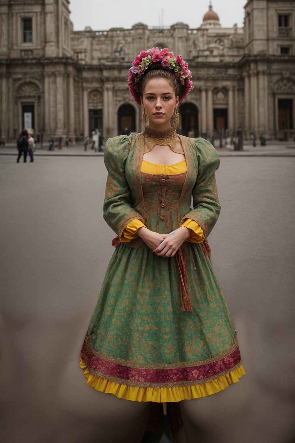 colorful and cultural  woman in Mexico City wearing a traditional charro suit/china poblana, Frida Kahlo Museum in the background