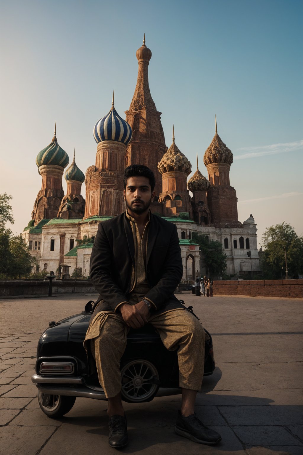 authentic and cultural man in Moscow wearing a traditional sarafan/kosovorotka, Saint Basil's Cathedral in the background