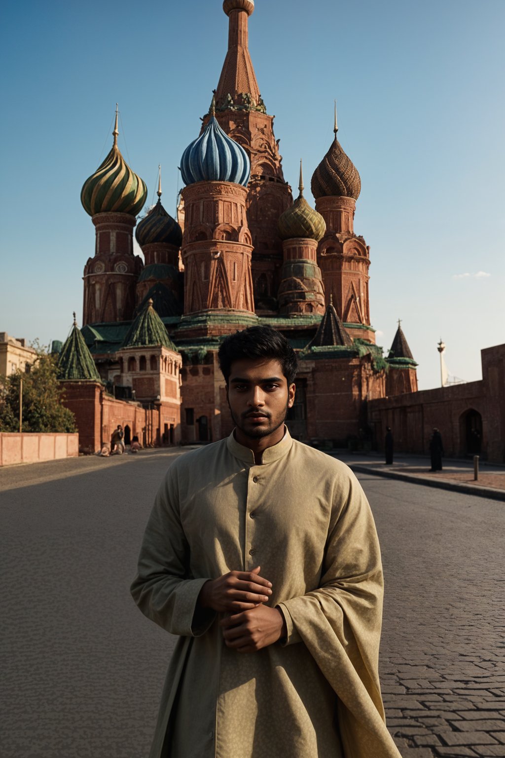 authentic and cultural man in Moscow wearing a traditional sarafan/kosovorotka, Saint Basil's Cathedral in the background