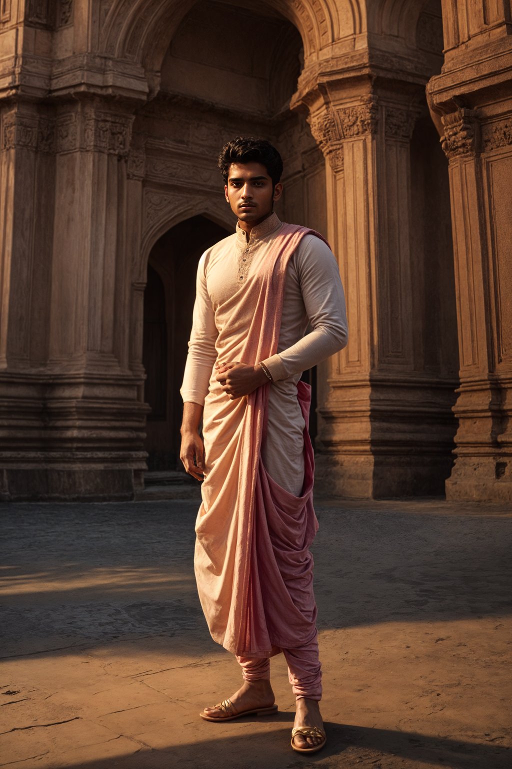 classic and traditional man in Mumbai wearing a vibrant Saree Sherwani, Gateway of India in the background