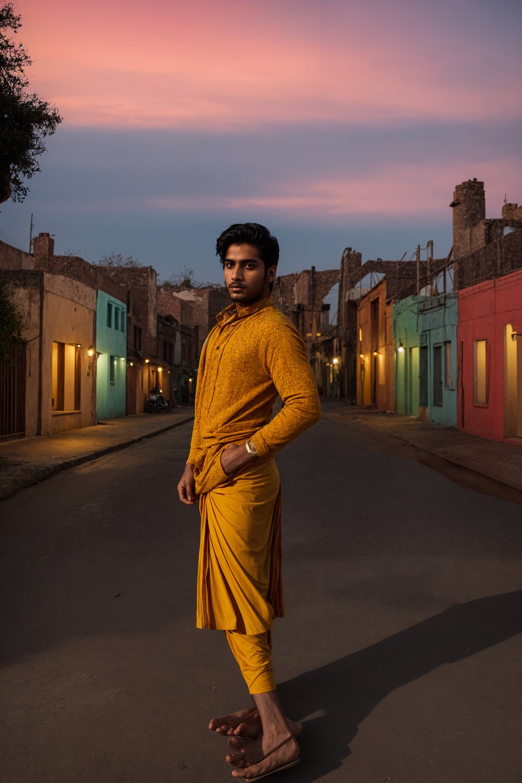 classy and traditional man in Buenos Aires wearing a tango dress/gaucho attire, colorful houses of La Boca neighborhood in the background