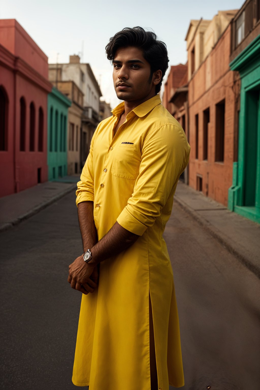 classy and traditional man in Buenos Aires wearing a tango dress/gaucho attire, colorful houses of La Boca neighborhood in the background