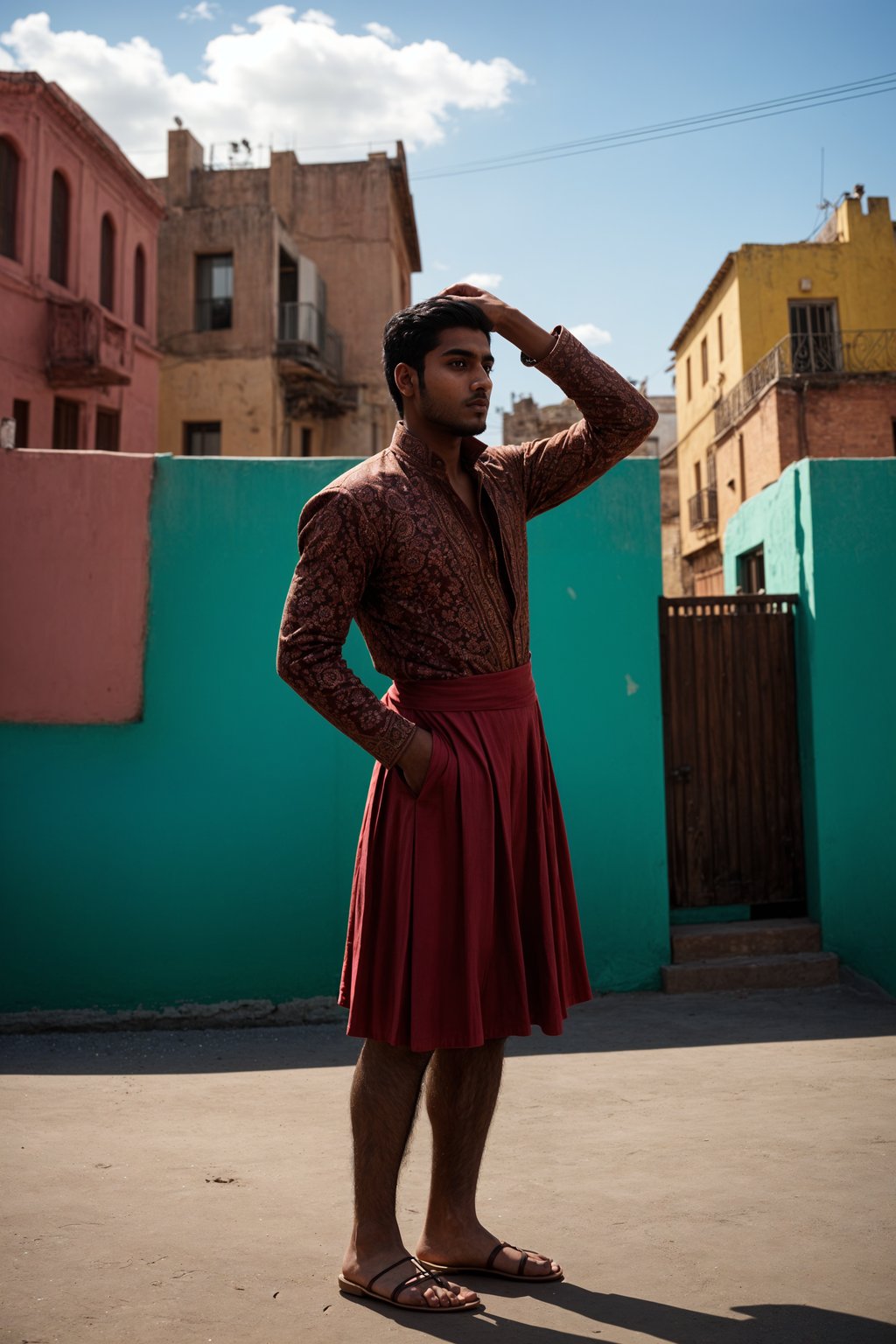 classy and traditional man in Buenos Aires wearing a tango dress/gaucho attire, colorful houses of La Boca neighborhood in the background