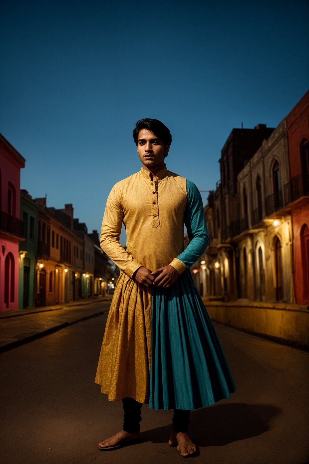 classy and traditional man in Buenos Aires wearing a tango dress/gaucho attire, colorful houses of La Boca neighborhood in the background