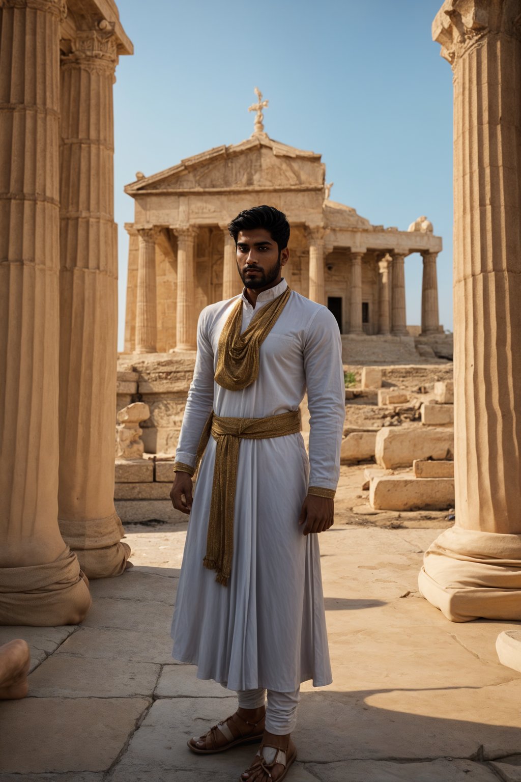 impressive and traditional man in Athens wearing a traditional Evzone uniform/Amalia dress, Parthenon in the background