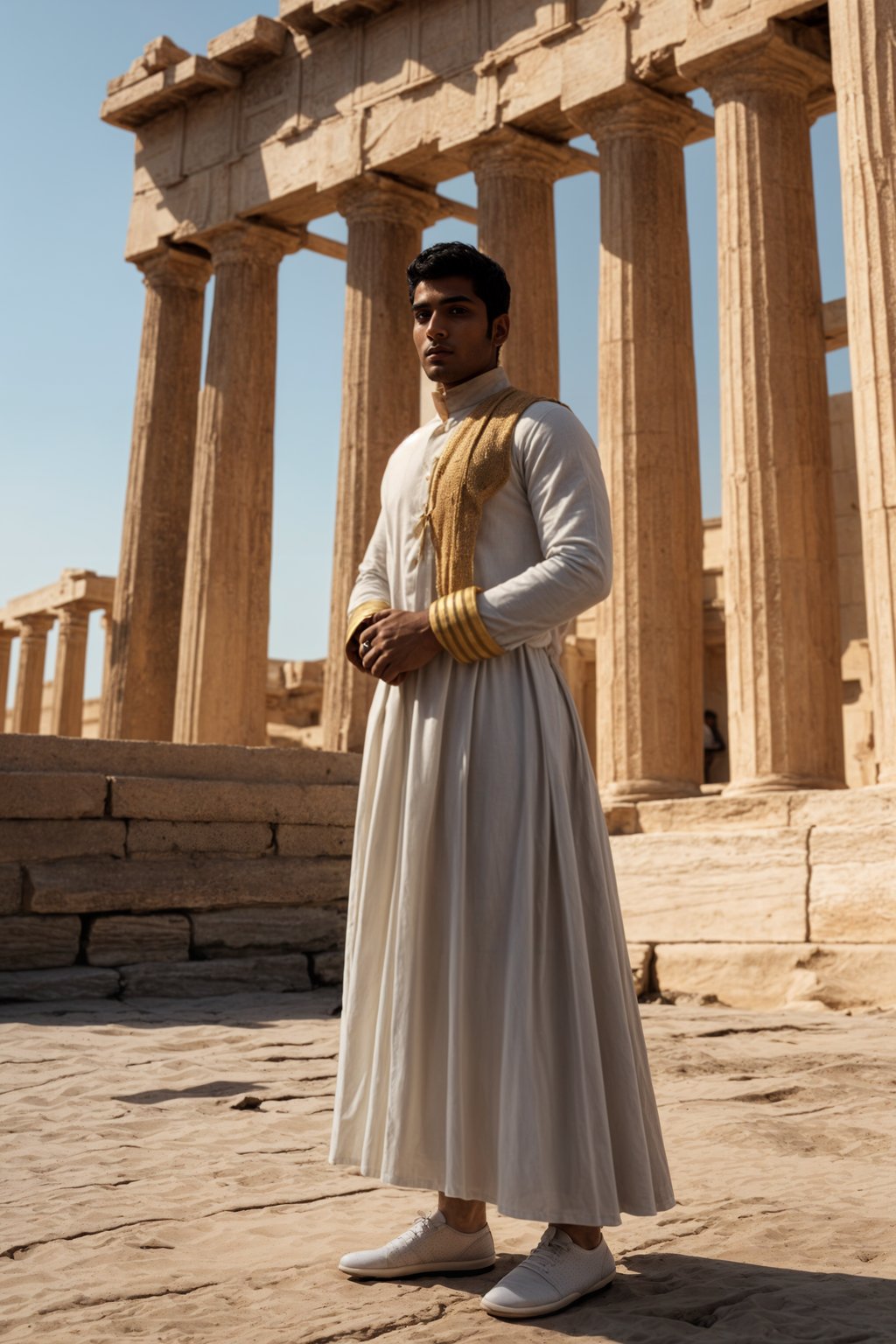 impressive and traditional man in Athens wearing a traditional Evzone uniform/Amalia dress, Parthenon in the background