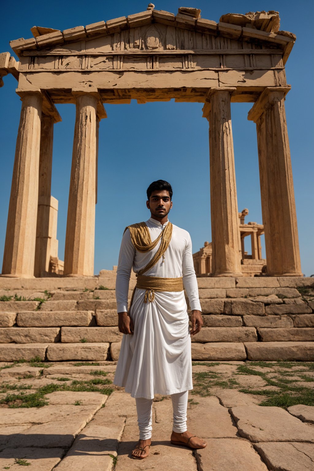 impressive and traditional man in Athens wearing a traditional Evzone uniform/Amalia dress, Parthenon in the background