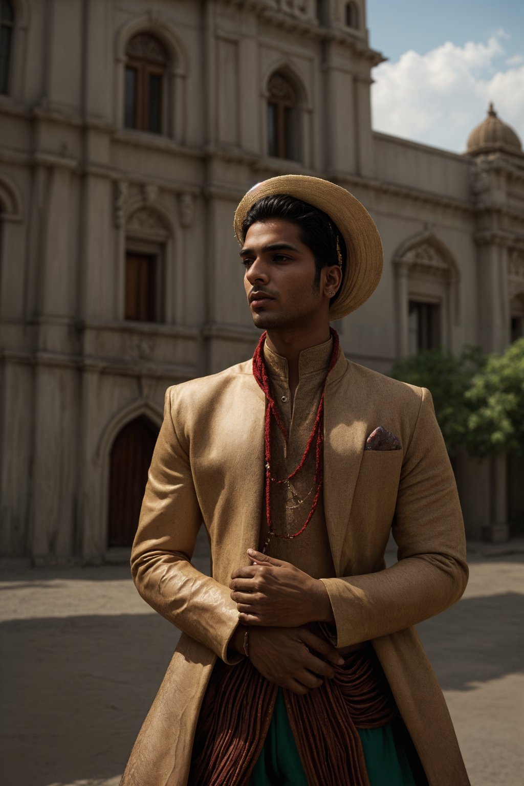 bold and cultural man in Mexico City wearing a traditional charro suit/china poblana, Frida Kahlo Museum in the background