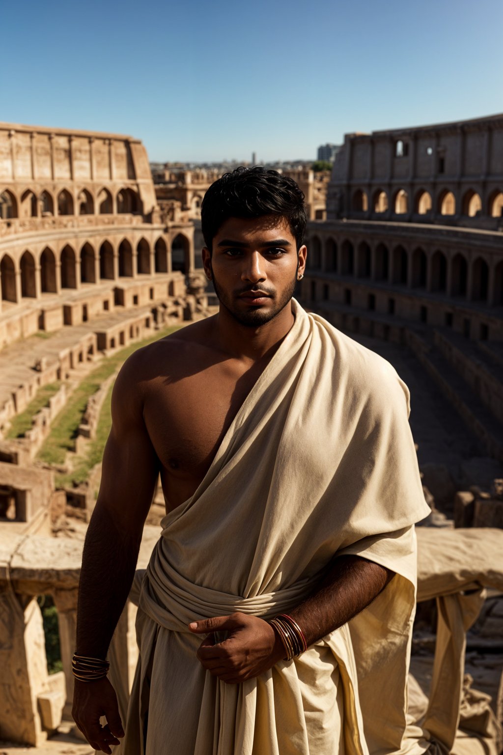 grand and historical man in Rome wearing a traditional Roman stola/toga, Colosseum in the background