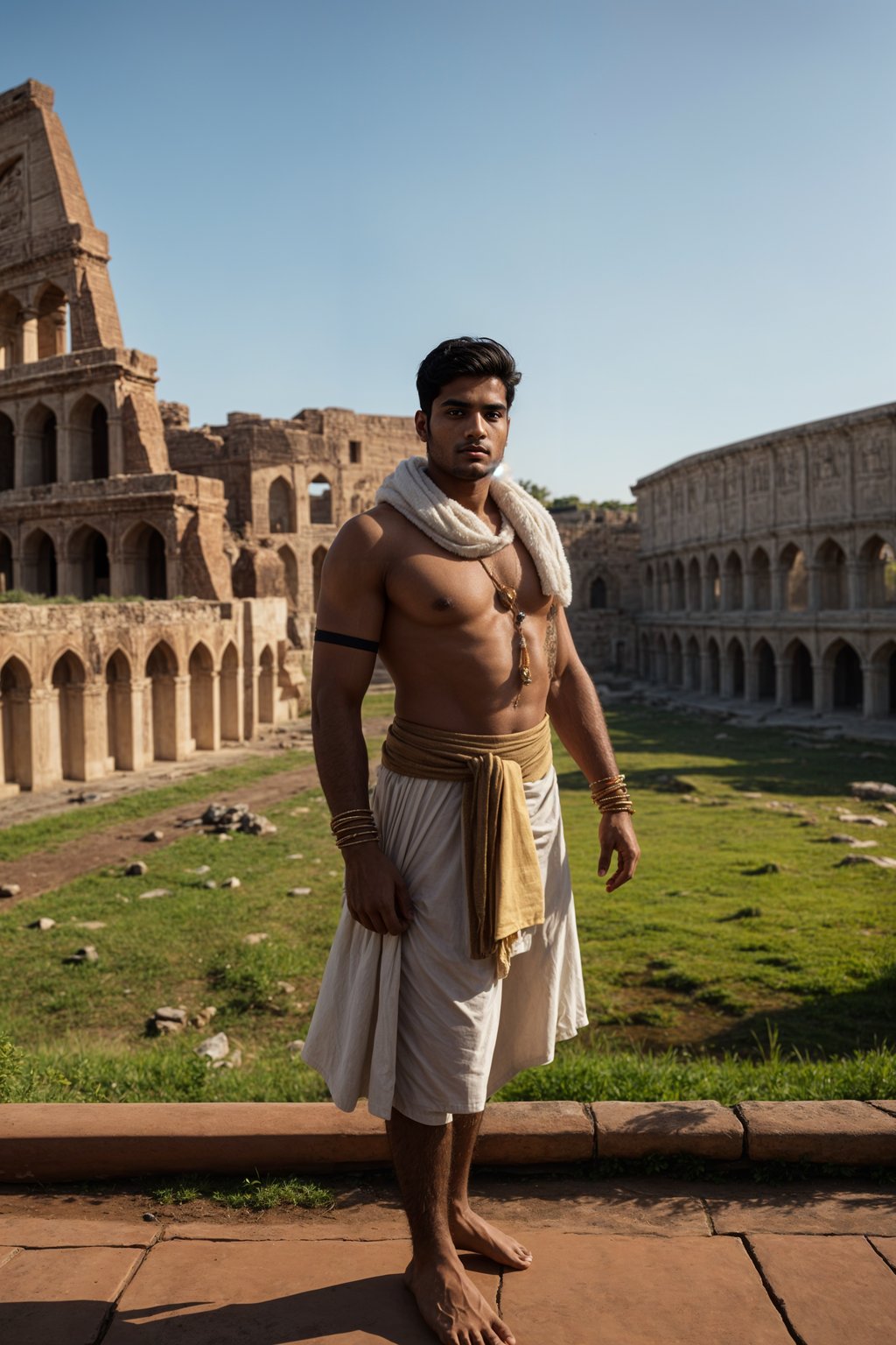 grand and historical man in Rome wearing a traditional Roman stola/toga, Colosseum in the background