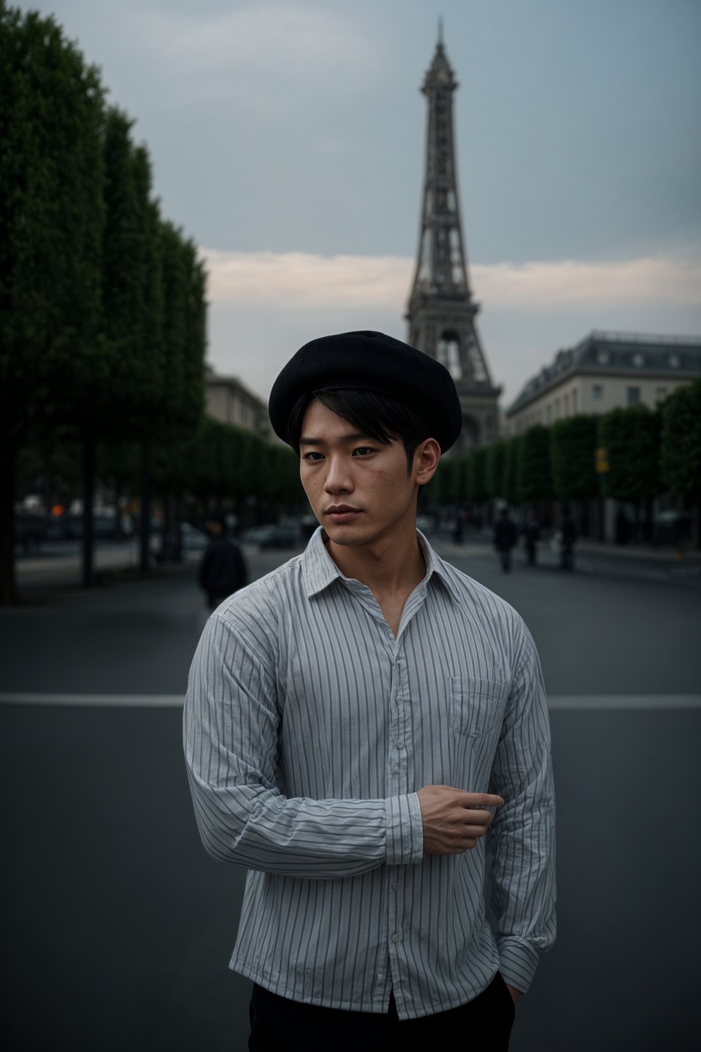 polished and traditional man in Paris wearing a traditional Breton shirt and beret, Eiffel Tower in the background