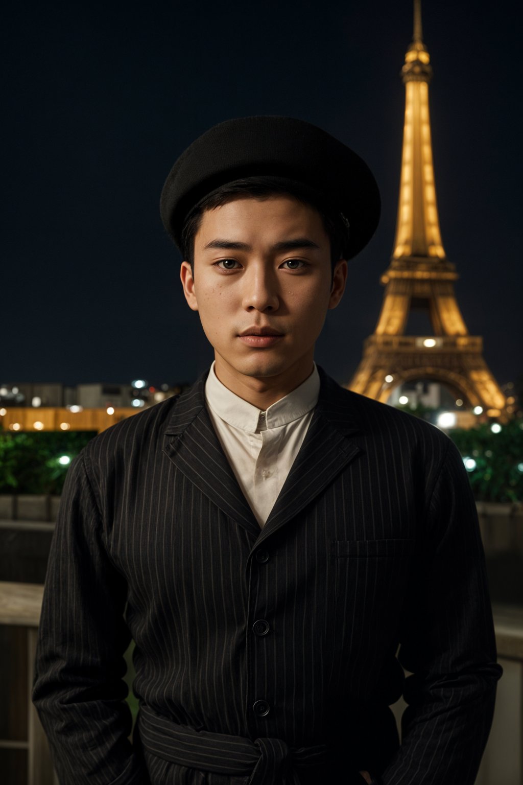 polished and traditional man in Paris wearing a traditional Breton shirt and beret, Eiffel Tower in the background