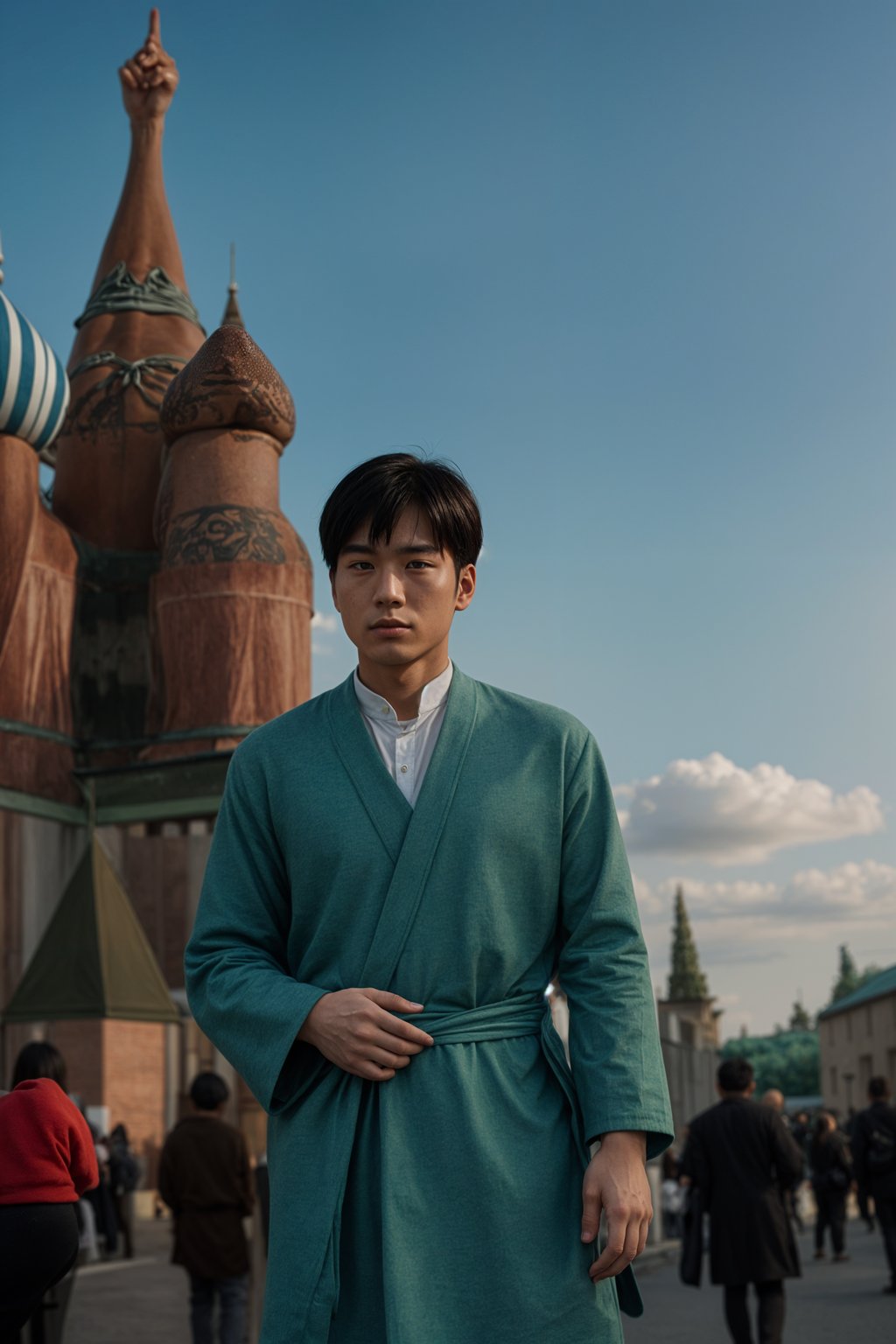 authentic and cultural man in Moscow wearing a traditional sarafan/kosovorotka, Saint Basil's Cathedral in the background