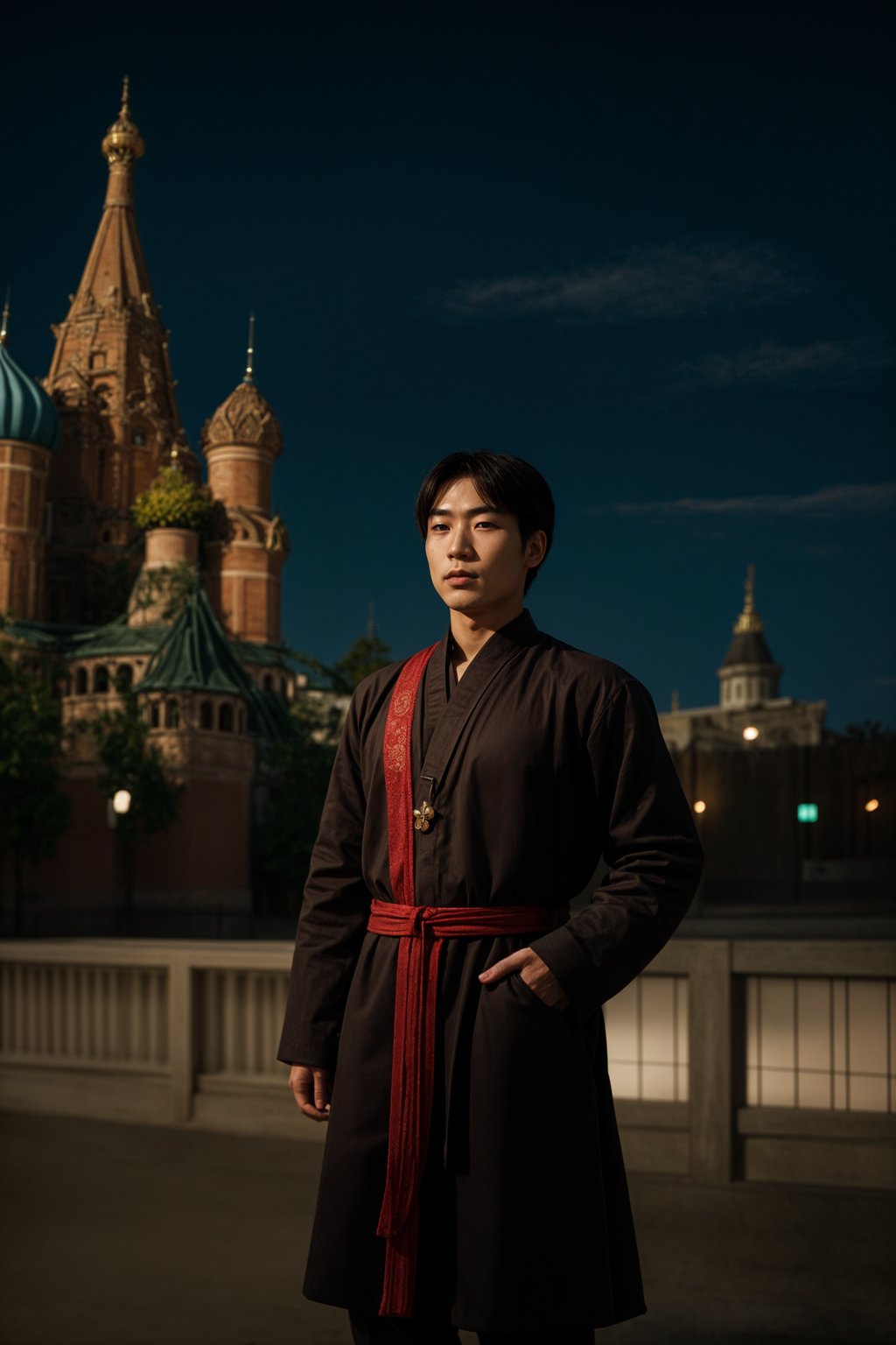 authentic and cultural man in Moscow wearing a traditional sarafan/kosovorotka, Saint Basil's Cathedral in the background