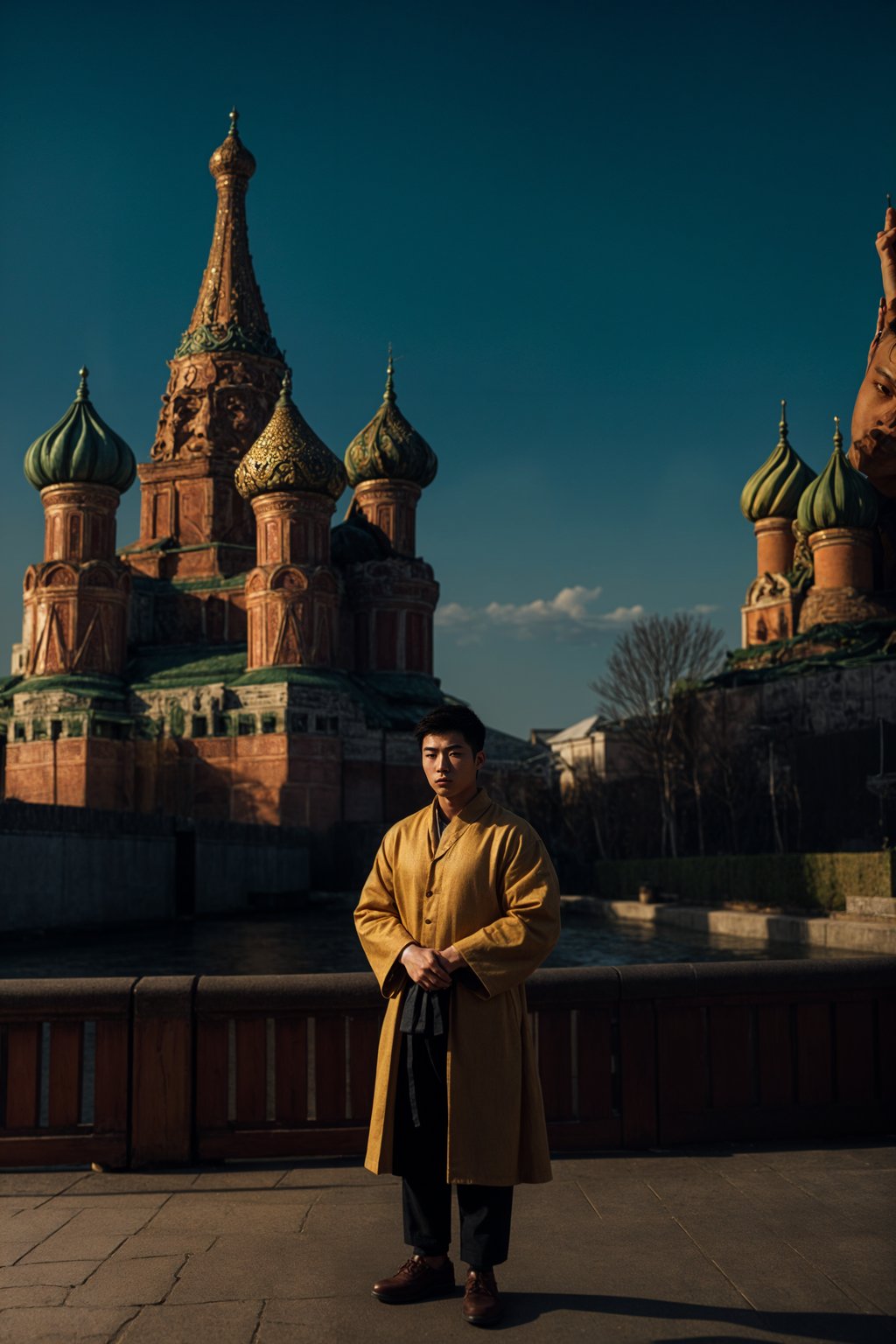 authentic and cultural man in Moscow wearing a traditional sarafan/kosovorotka, Saint Basil's Cathedral in the background