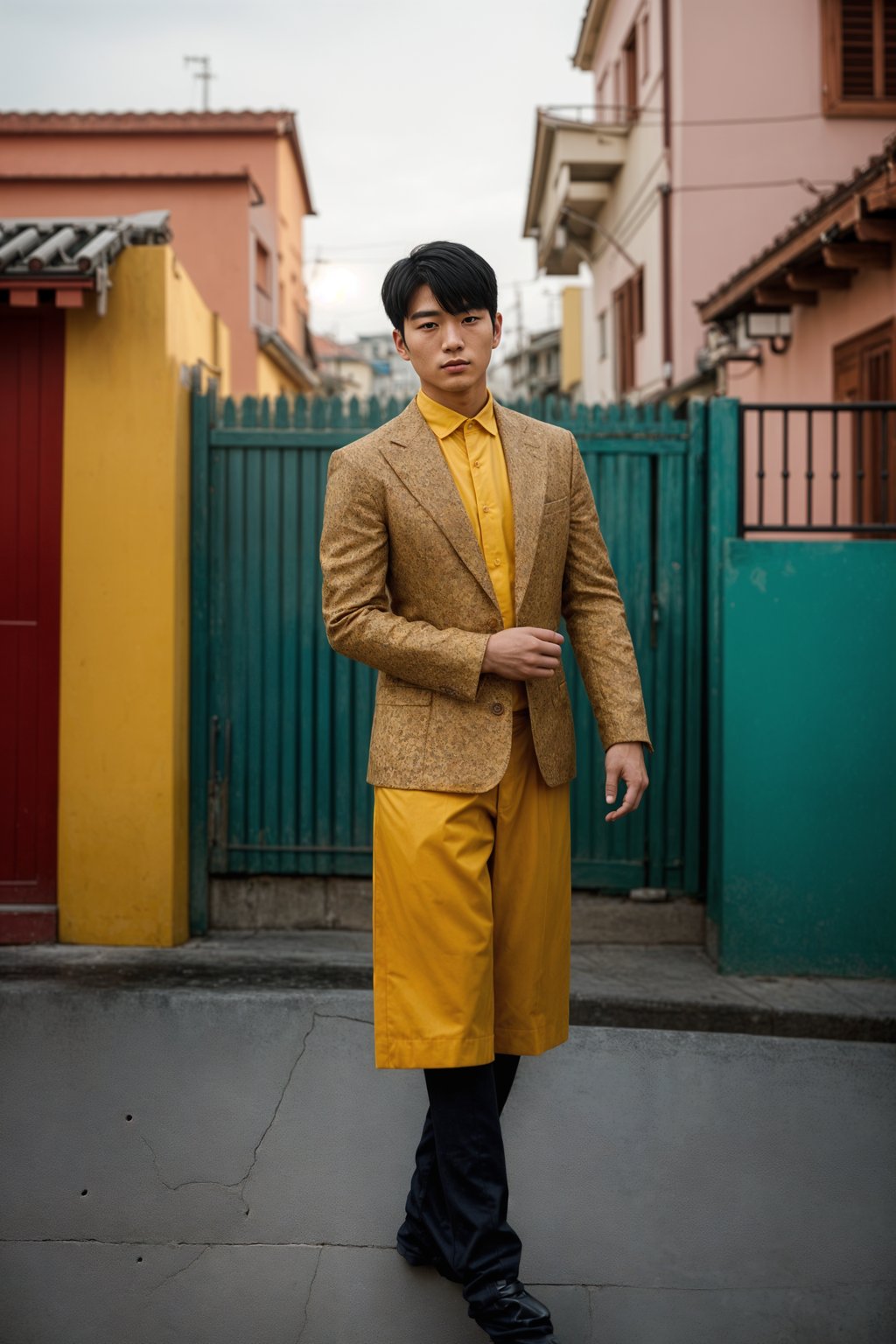 classy and traditional man in Buenos Aires wearing a tango dress/gaucho attire, colorful houses of La Boca neighborhood in the background