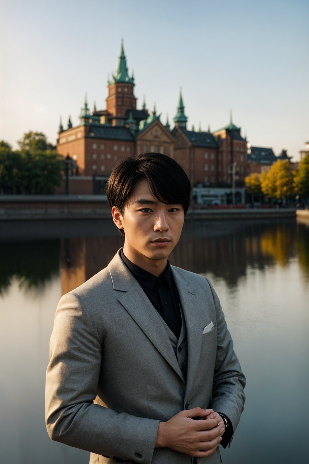 dignified and traditional man in Stockholm wearing a Swedish folkdräkt, Stockholm Palace in the background