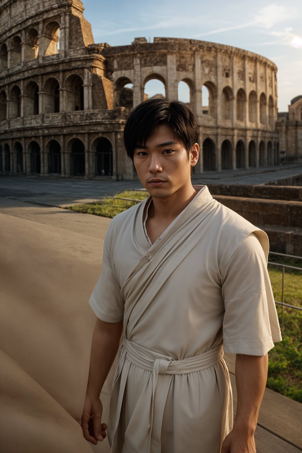 grand and historical man in Rome wearing a traditional Roman stola/toga, Colosseum in the background