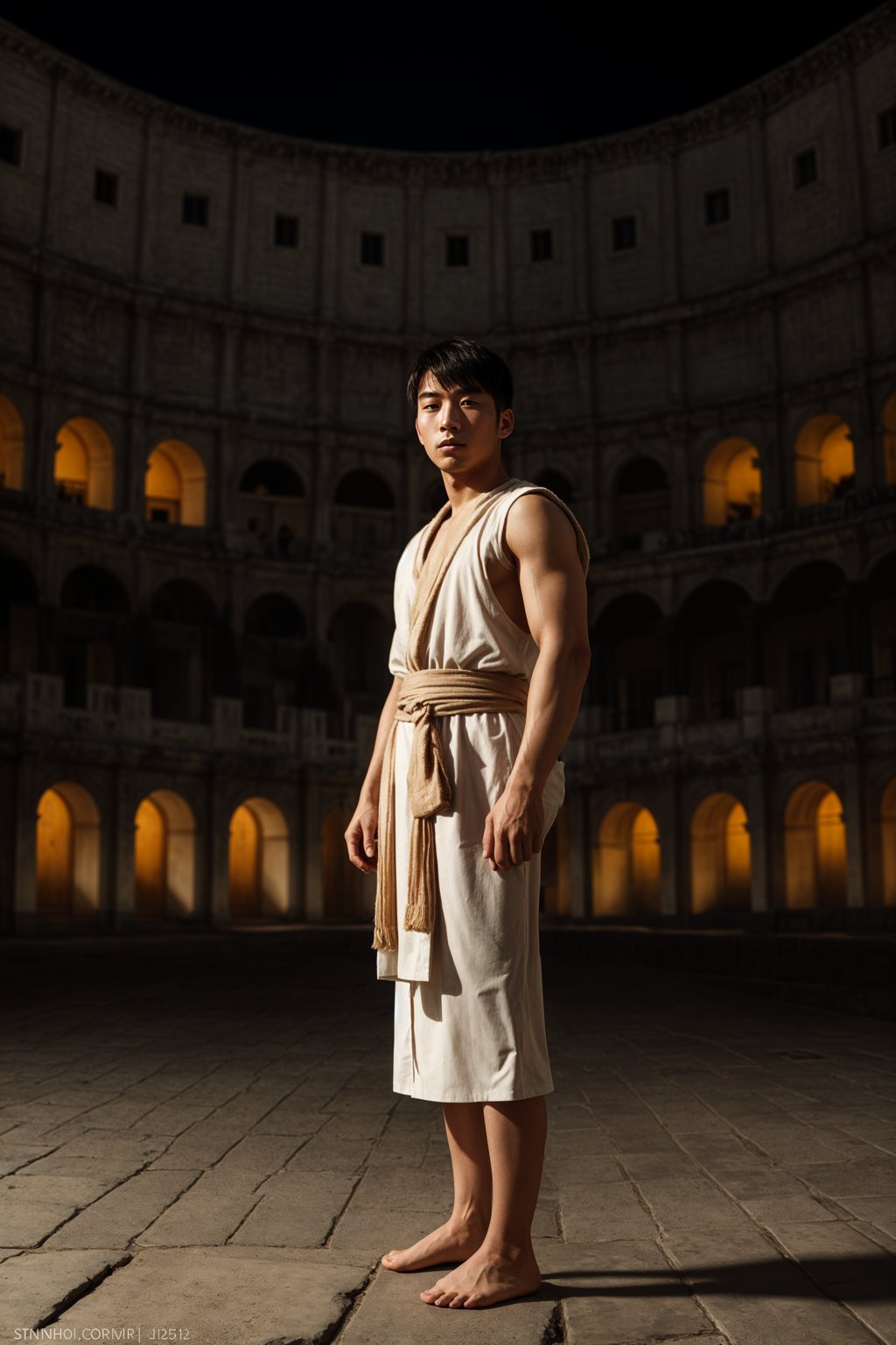 grand and historical man in Rome wearing a traditional Roman stola/toga, Colosseum in the background