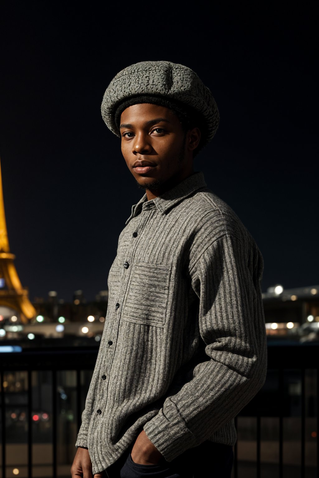 polished and traditional man in Paris wearing a traditional Breton shirt and beret, Eiffel Tower in the background