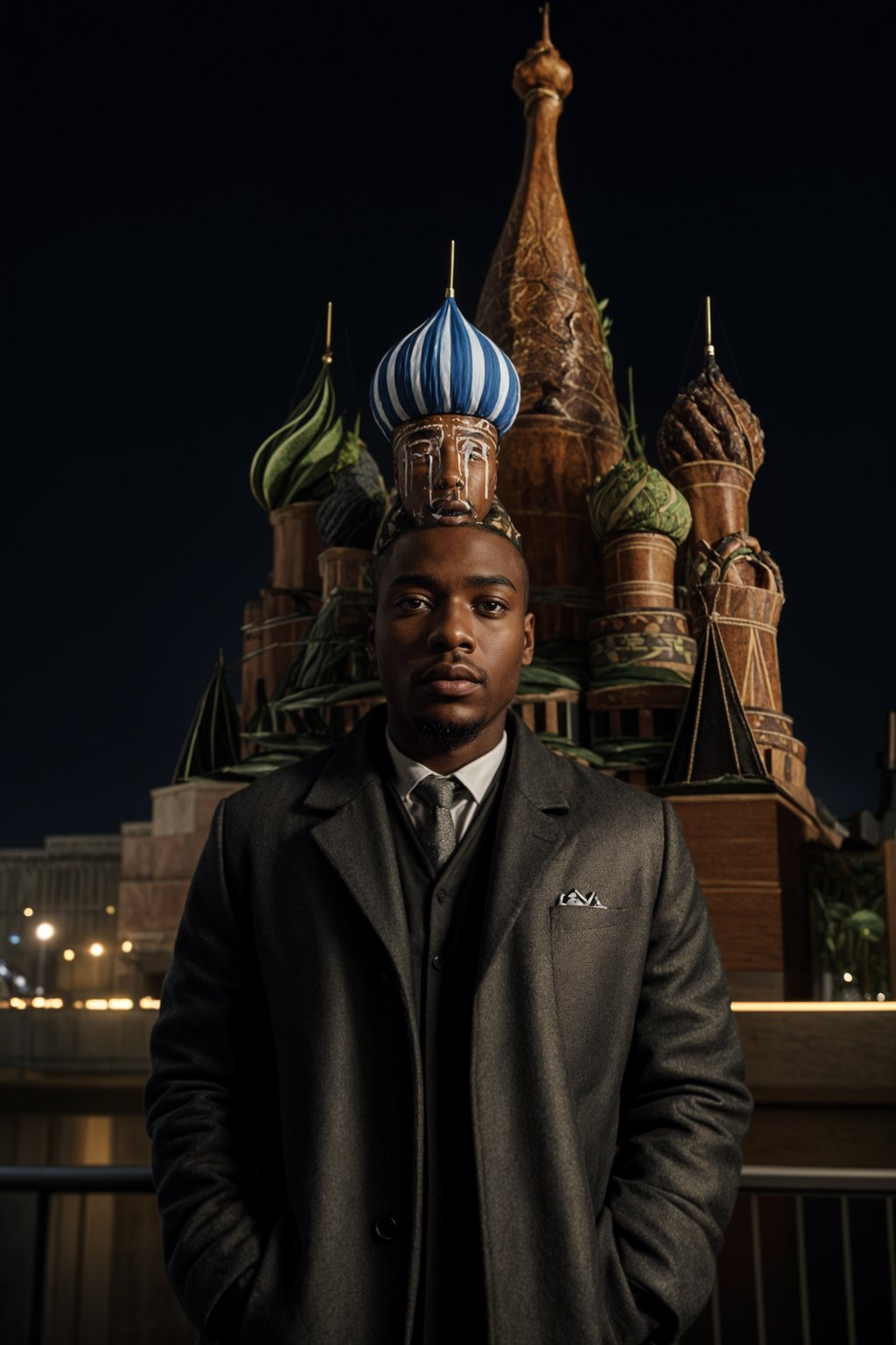 authentic and cultural man in Moscow wearing a traditional sarafan/kosovorotka, Saint Basil's Cathedral in the background