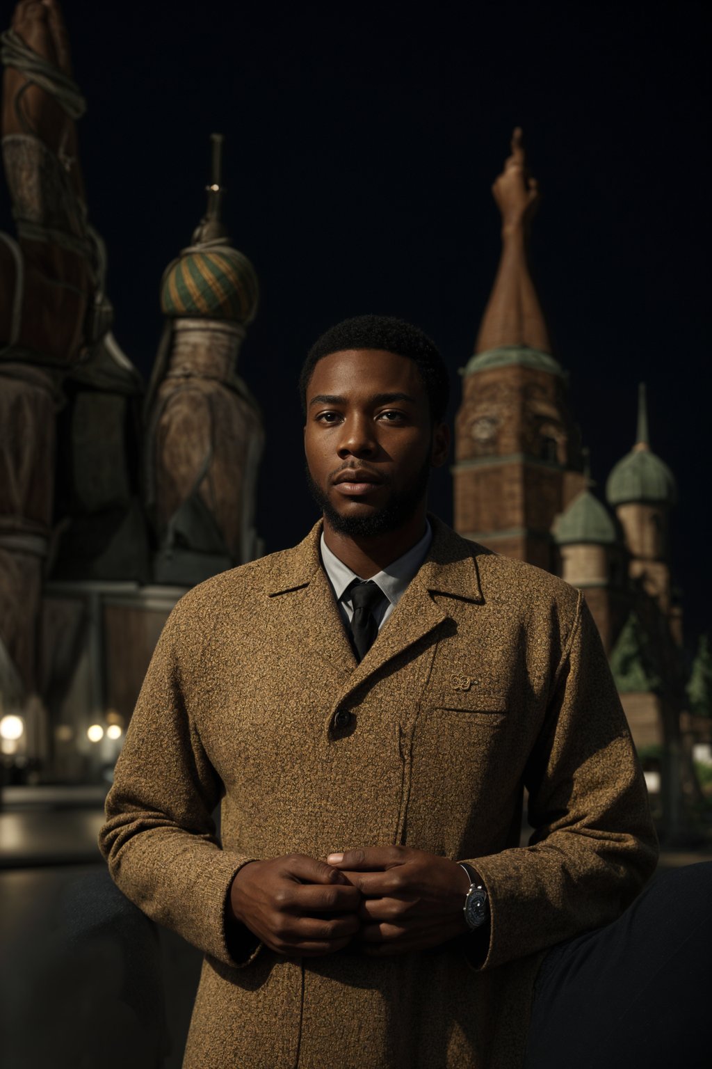 authentic and cultural man in Moscow wearing a traditional sarafan/kosovorotka, Saint Basil's Cathedral in the background