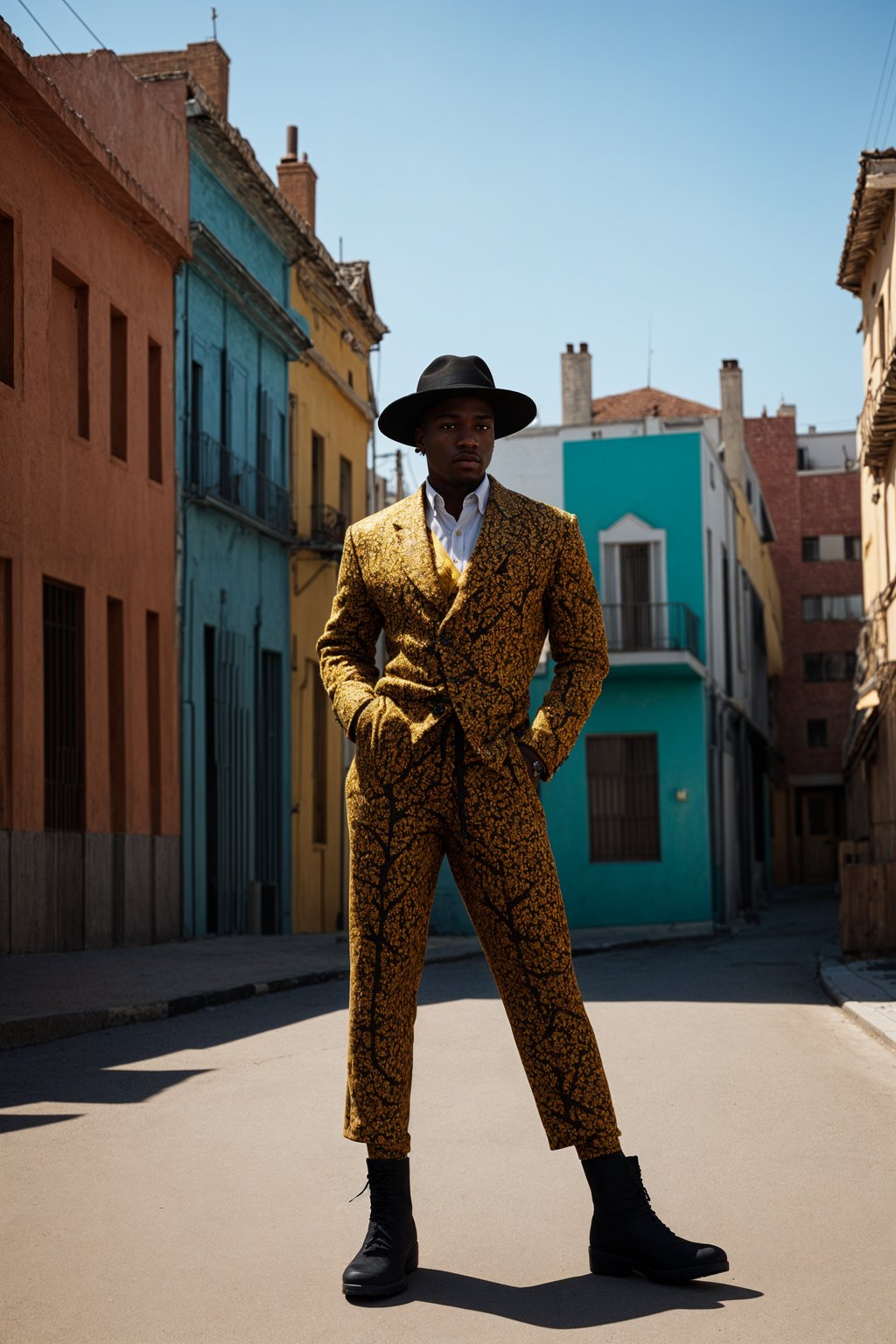 classy and traditional man in Buenos Aires wearing a tango dress/gaucho attire, colorful houses of La Boca neighborhood in the background