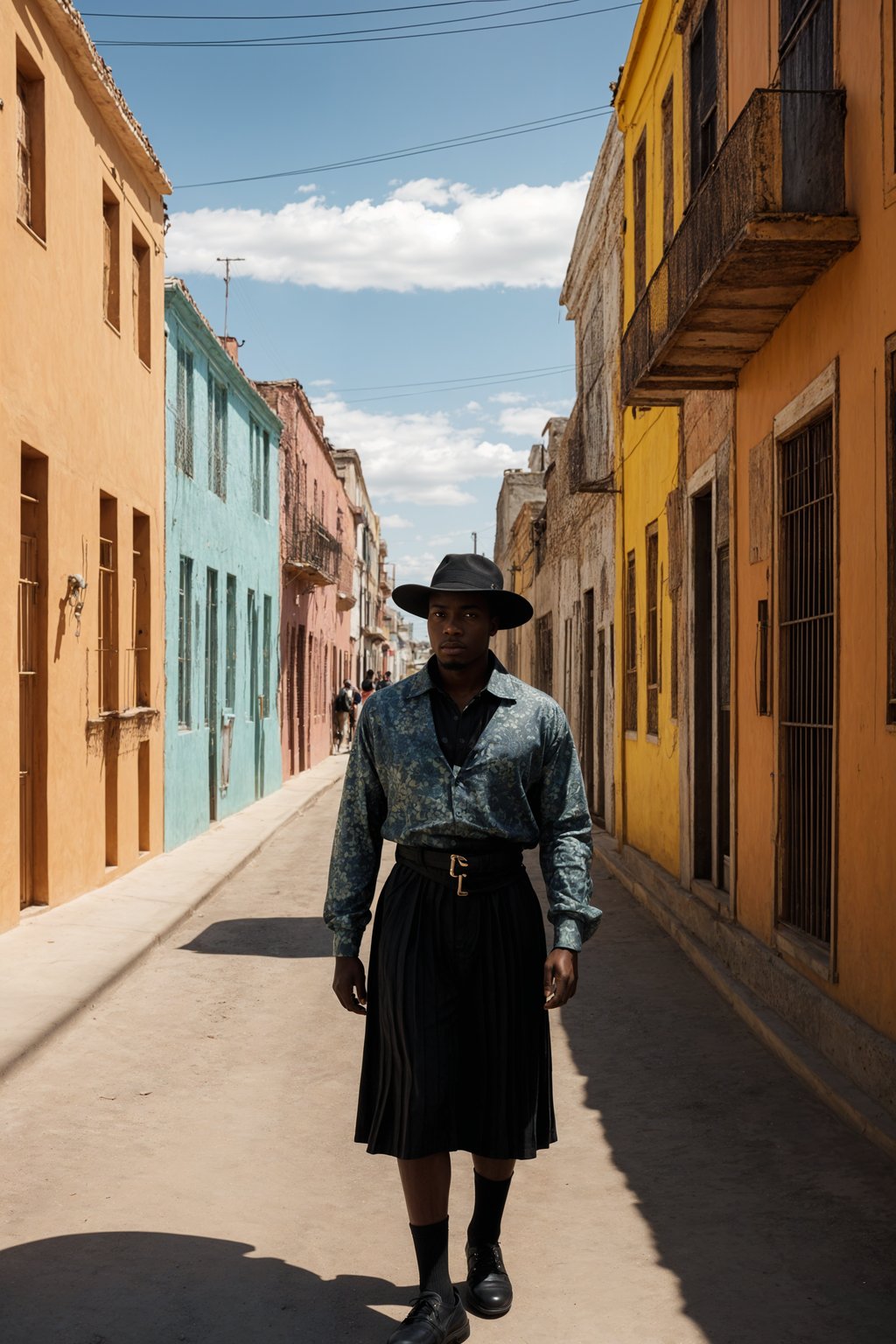 classy and traditional man in Buenos Aires wearing a tango dress/gaucho attire, colorful houses of La Boca neighborhood in the background