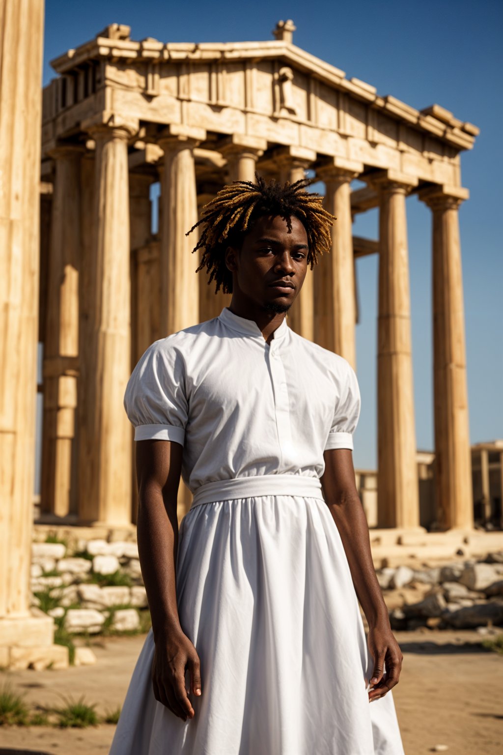 impressive and traditional man in Athens wearing a traditional Evzone uniform/Amalia dress, Parthenon in the background