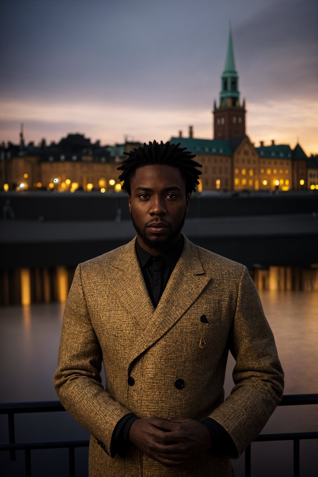 dignified and traditional man in Stockholm wearing a Swedish folkdräkt, Stockholm Palace in the background