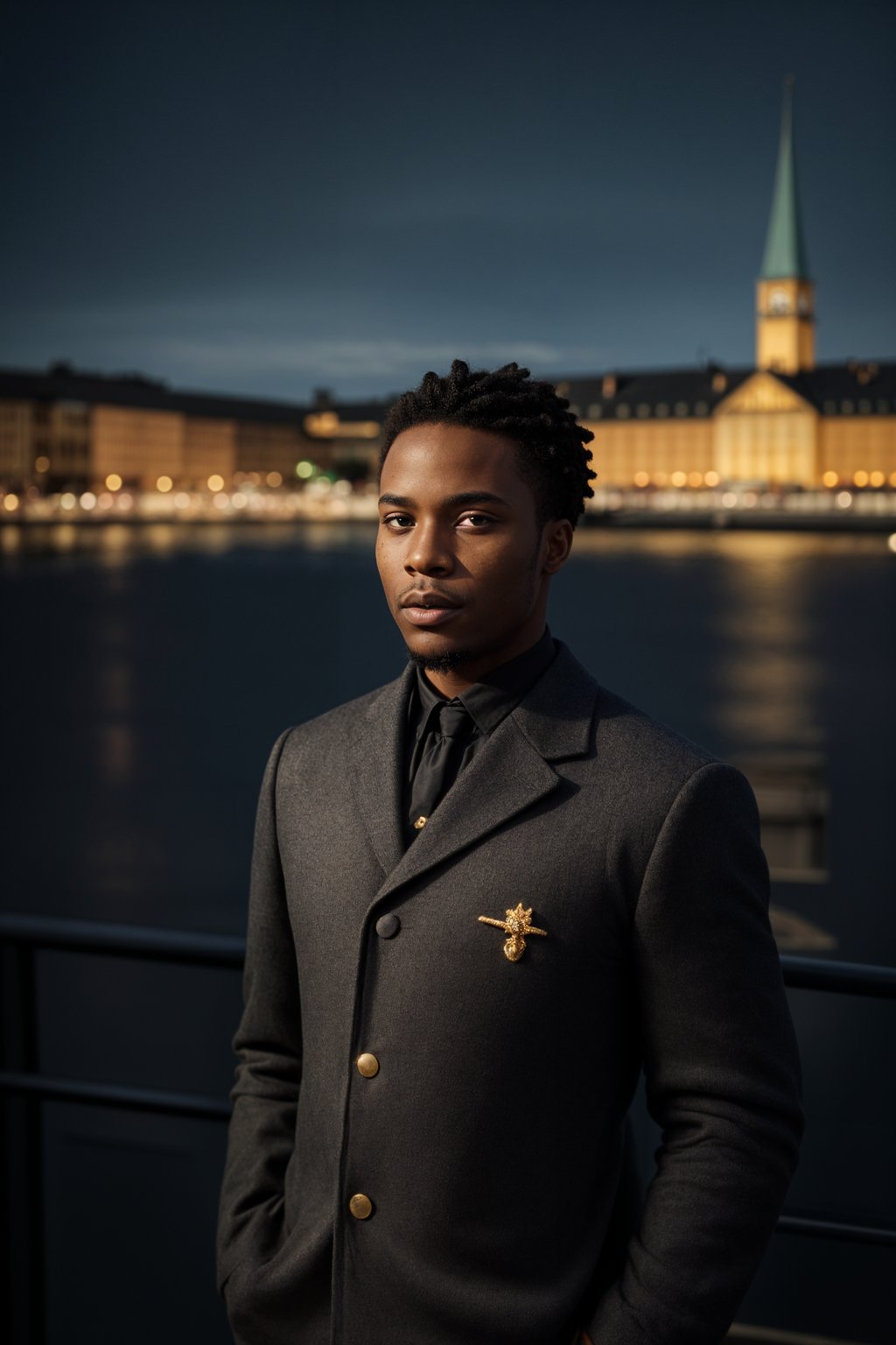 dignified and traditional man in Stockholm wearing a Swedish folkdräkt, Stockholm Palace in the background