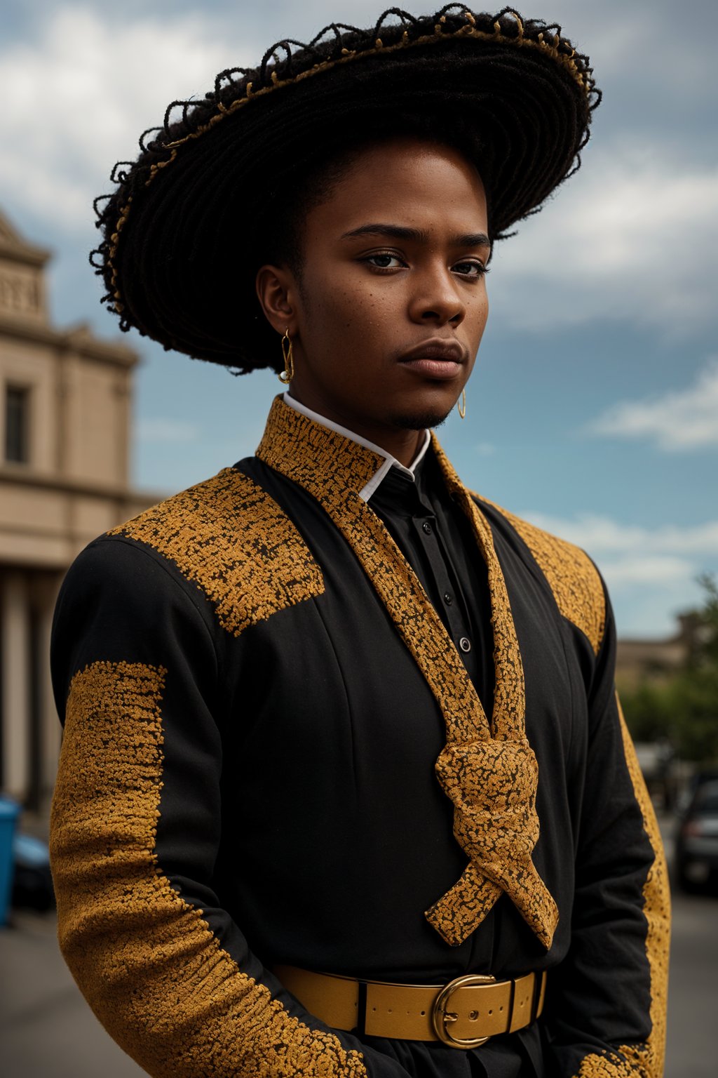 bold and cultural man in Mexico City wearing a traditional charro suit/china poblana, Frida Kahlo Museum in the background