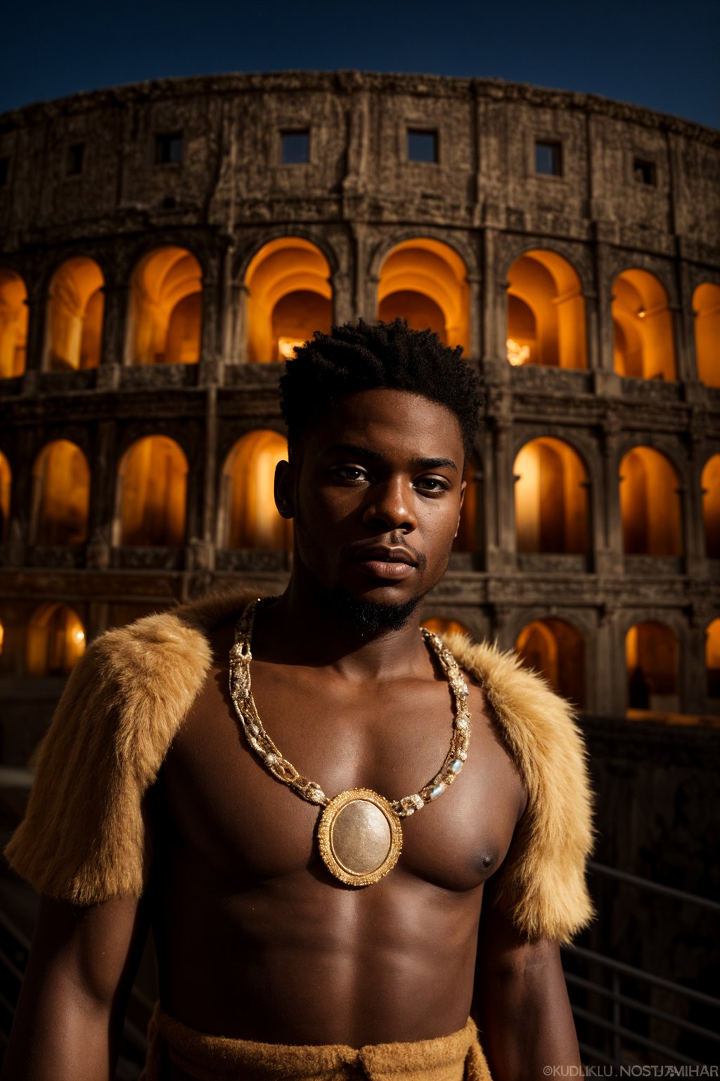 grand and historical man in Rome wearing a traditional Roman stola/toga, Colosseum in the background