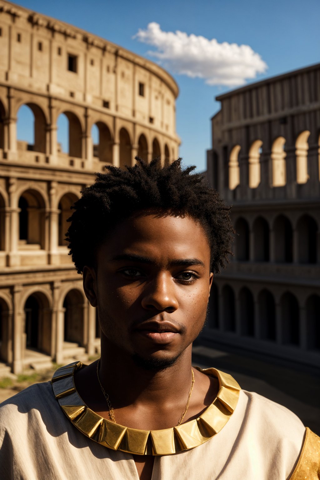 grand and historical man in Rome wearing a traditional Roman stola/toga, Colosseum in the background