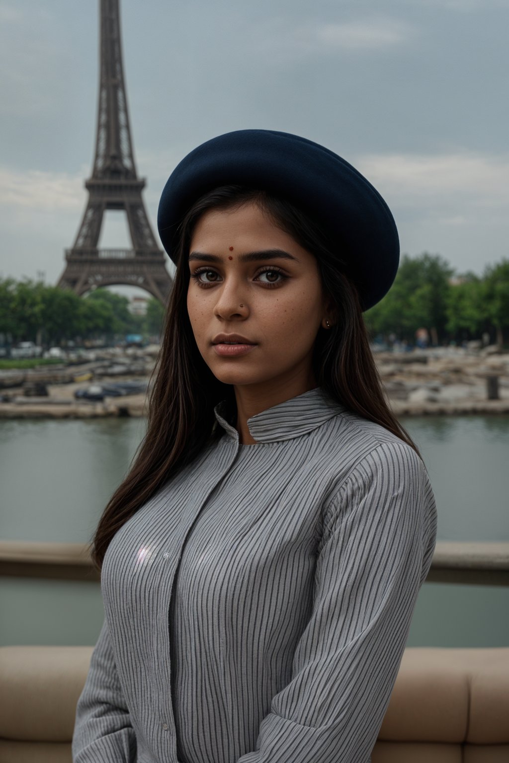 stylish and sophisticated  woman in Paris wearing a traditional Breton shirt and beret, Eiffel Tower in the background