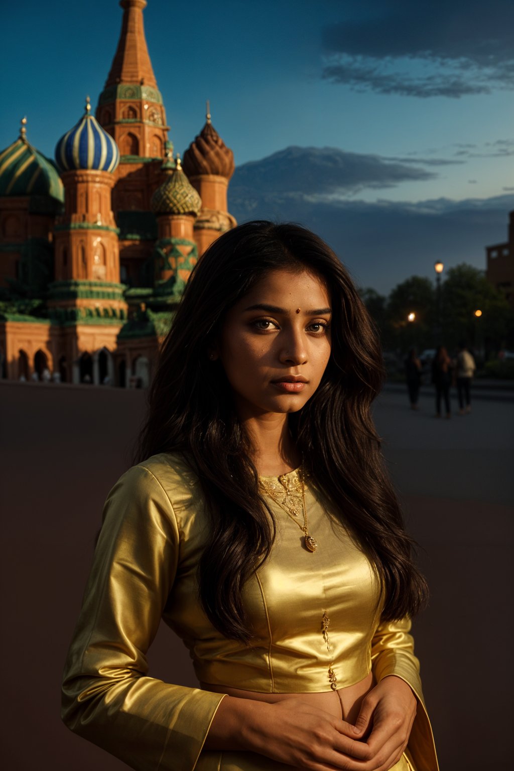 lovely and cultural  woman in Moscow wearing a traditional sarafan/kosovorotka, Saint Basil's Cathedral in the background