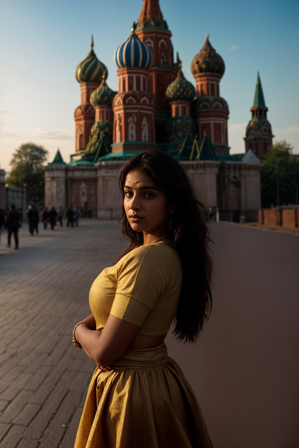 lovely and cultural  woman in Moscow wearing a traditional sarafan/kosovorotka, Saint Basil's Cathedral in the background