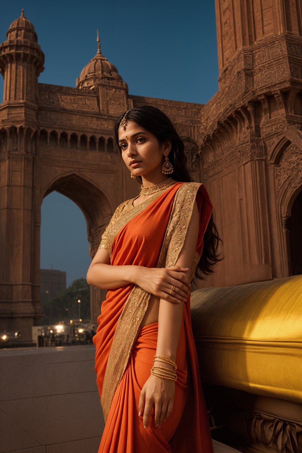 glamorous and traditional  woman in Mumbai wearing a vibrant Saree Sherwani, Gateway of India in the background