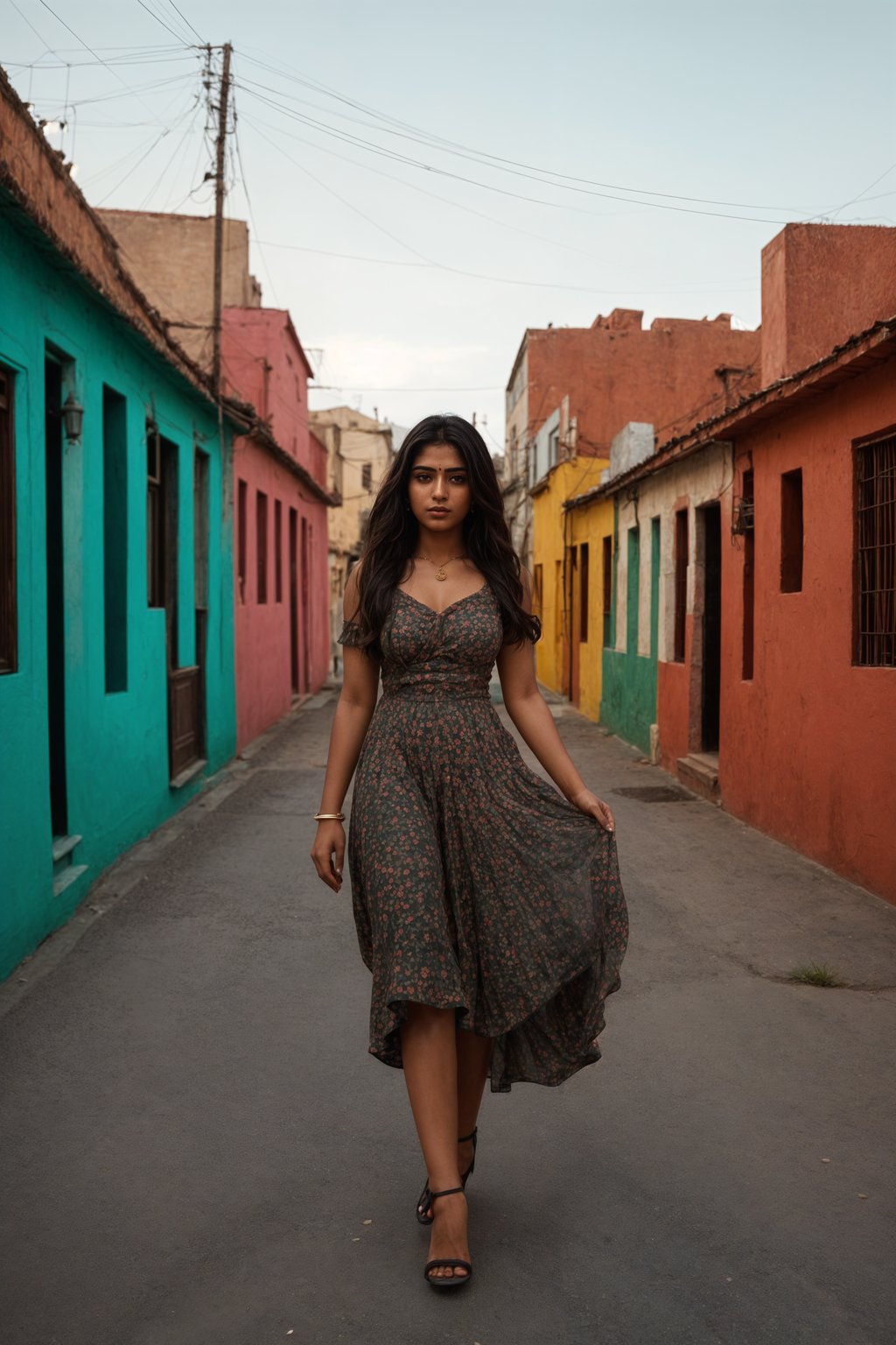 exquisite and traditional  woman in Buenos Aires wearing a tango dress/gaucho attire, colorful houses of La Boca neighborhood in the background