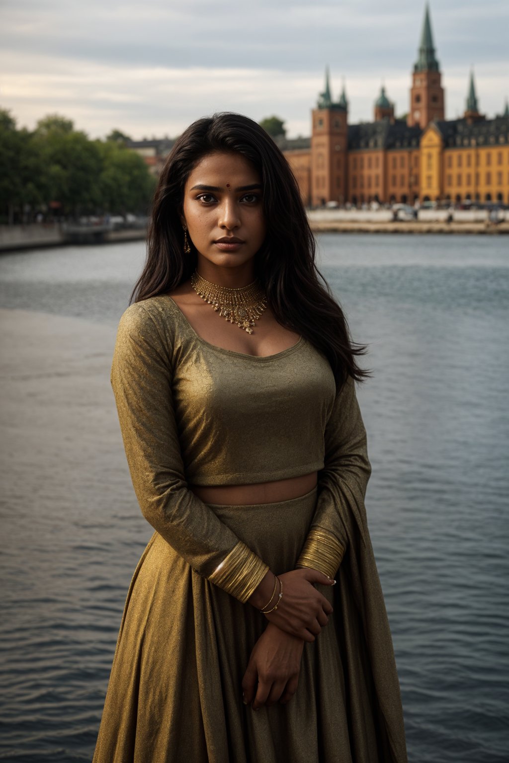 traditional  woman in Stockholm wearing a Swedish folkdräkt, Stockholm Palace in the background