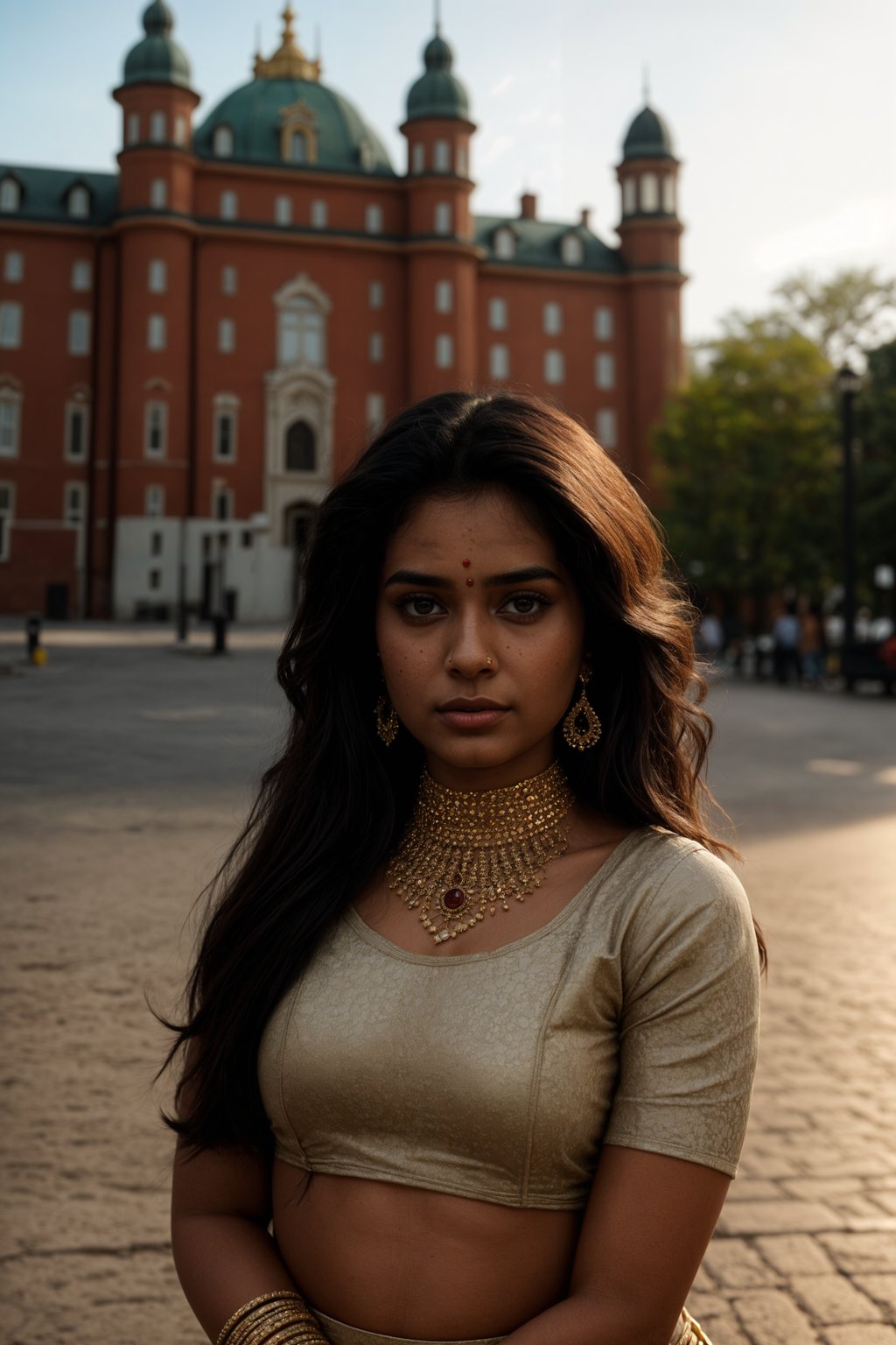 traditional  woman in Stockholm wearing a Swedish folkdräkt, Stockholm Palace in the background