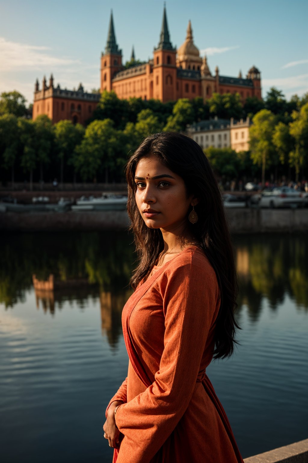 traditional  woman in Stockholm wearing a Swedish folkdräkt, Stockholm Palace in the background