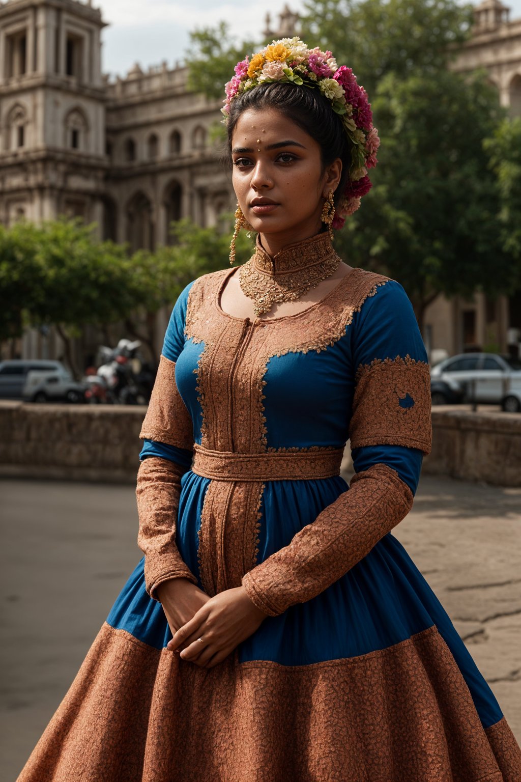 colorful and cultural  woman in Mexico City wearing a traditional charro suit/china poblana, Frida Kahlo Museum in the background