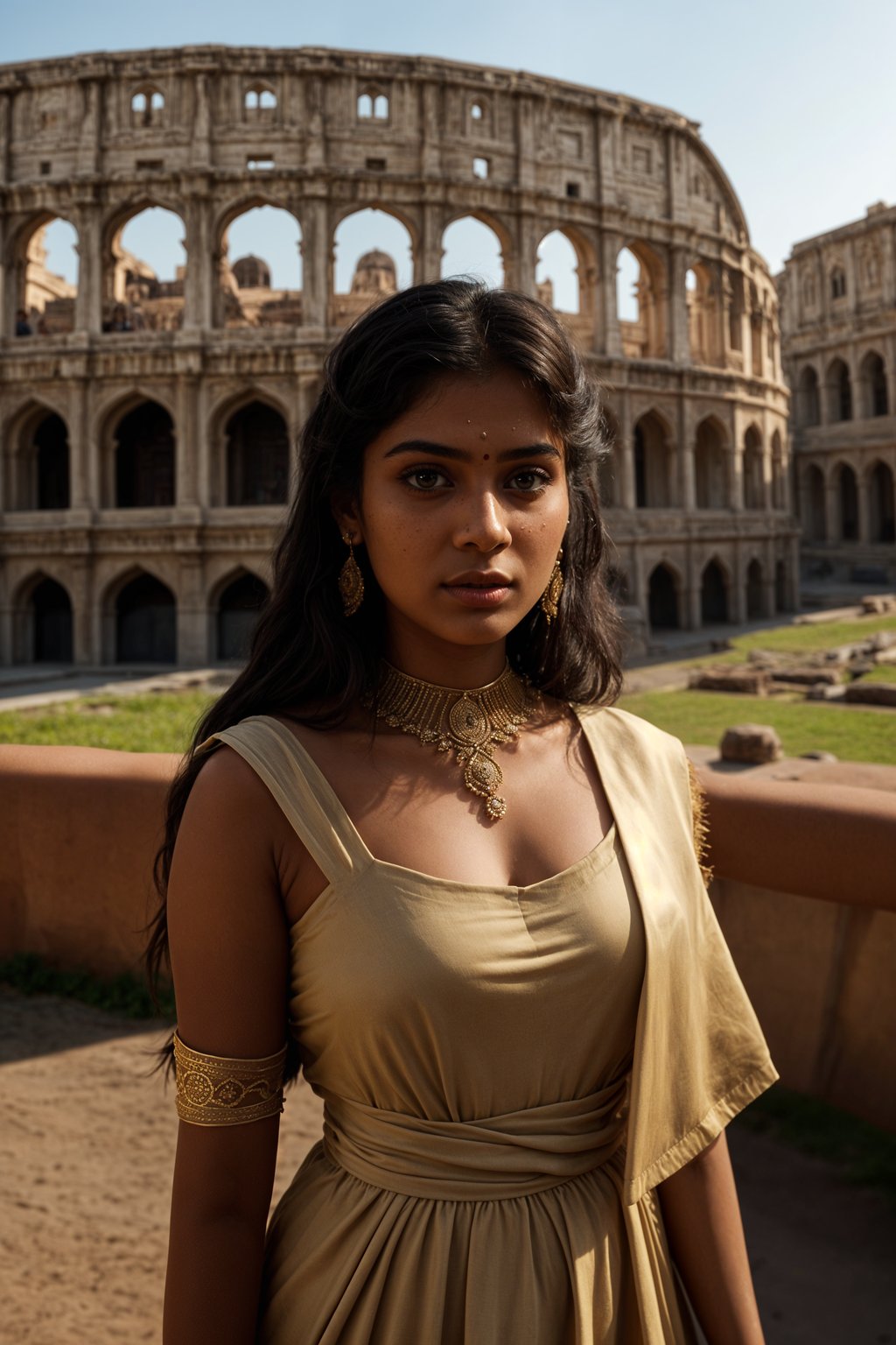 stunning and historical  woman in Rome wearing a traditional Roman stola/toga, Colosseum in the background