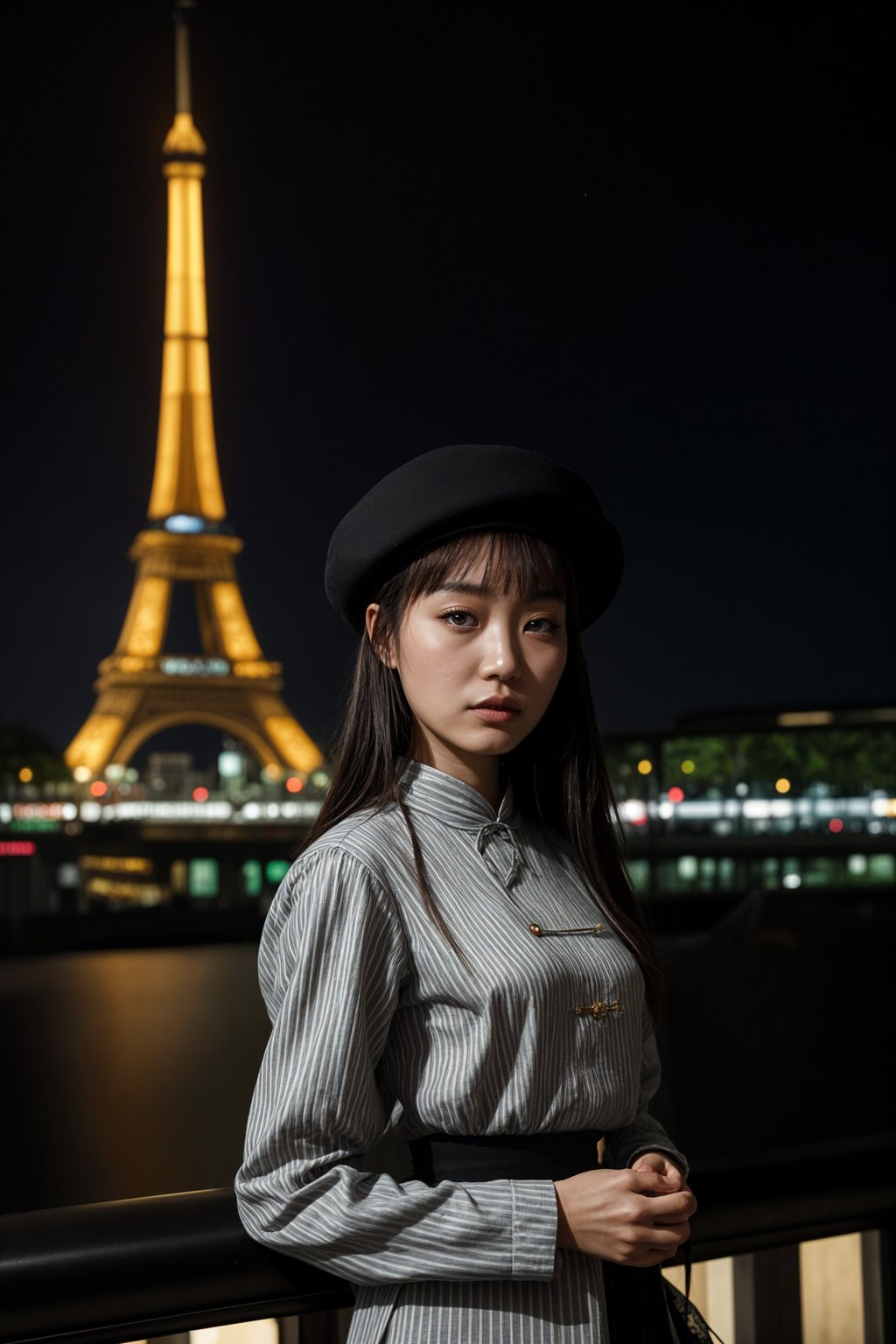 stylish and sophisticated  woman in Paris wearing a traditional Breton shirt and beret, Eiffel Tower in the background