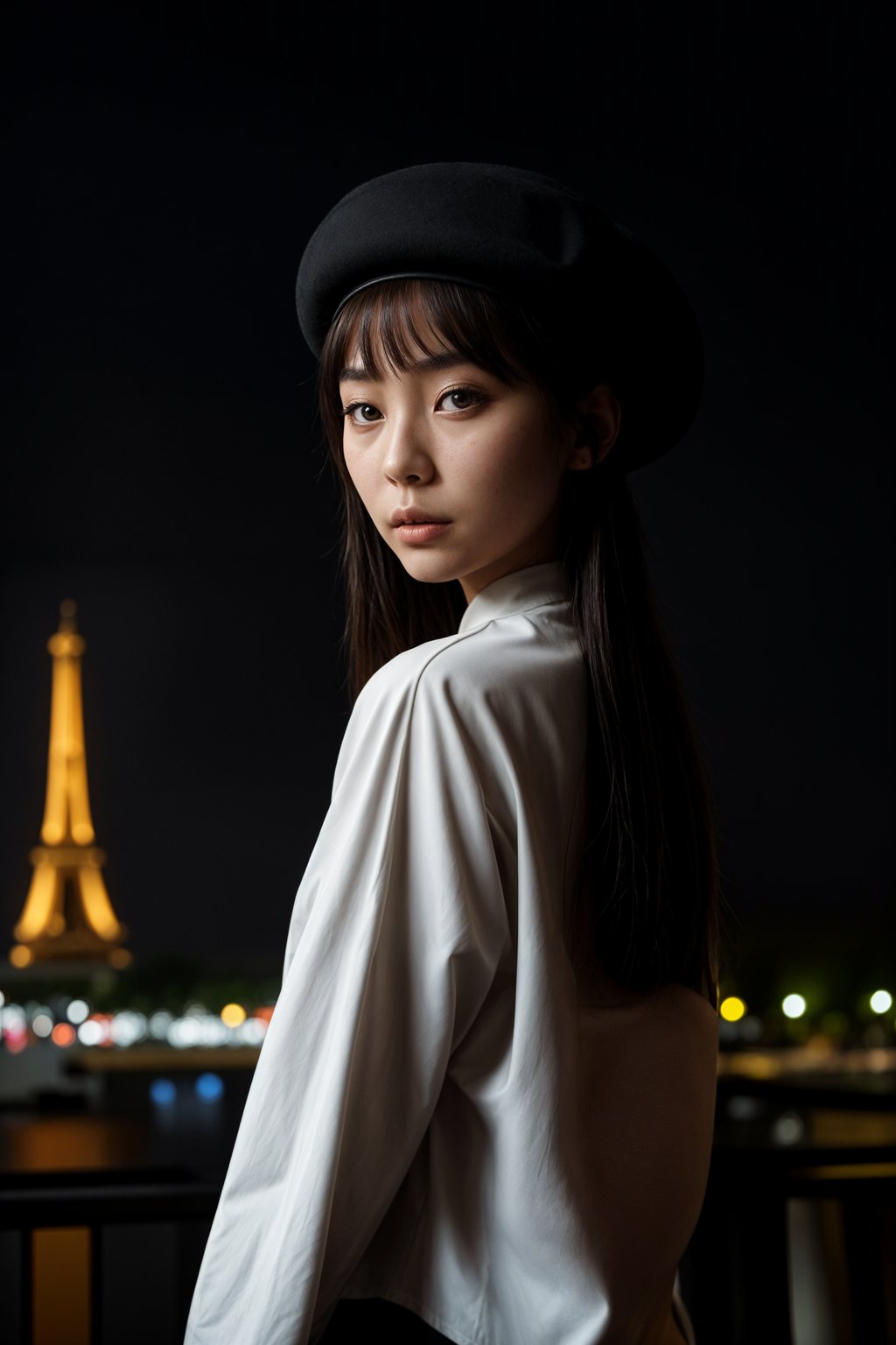 stylish and sophisticated  woman in Paris wearing a traditional Breton shirt and beret, Eiffel Tower in the background