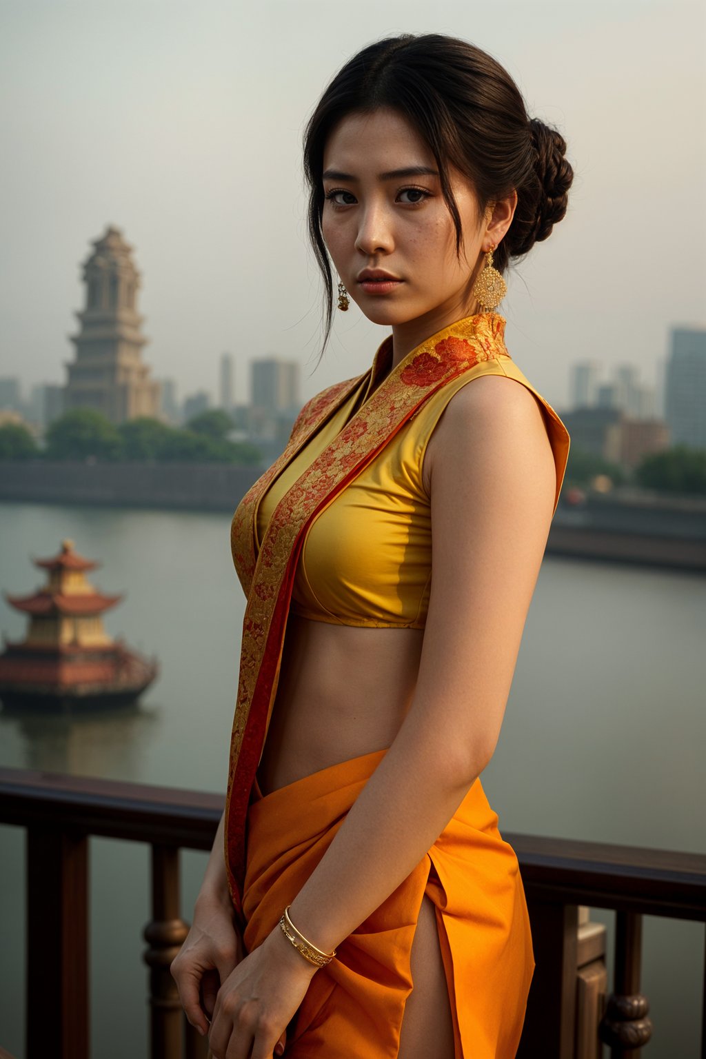 glamorous and traditional  woman in Mumbai wearing a vibrant Saree Sherwani, Gateway of India in the background