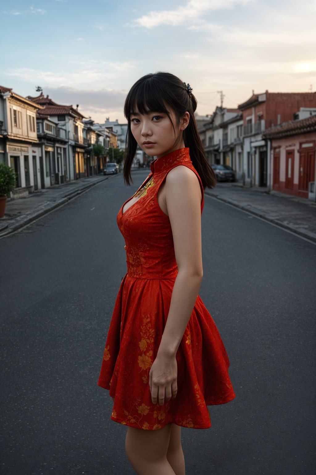 exquisite and traditional  woman in Buenos Aires wearing a tango dress/gaucho attire, colorful houses of La Boca neighborhood in the background